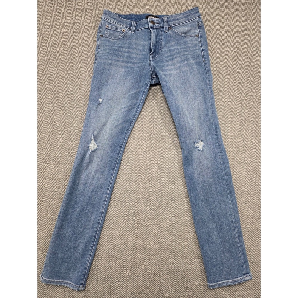 Express Skinny 4 Way Hyper Stretch Jeans Medium Wash Distressed Size‎ 28x30